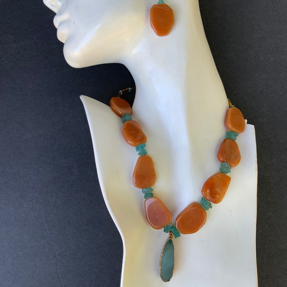 Set NECKLACE Earring Druzy Handmade Aqua Apatite Orange Red Carved Aventurine